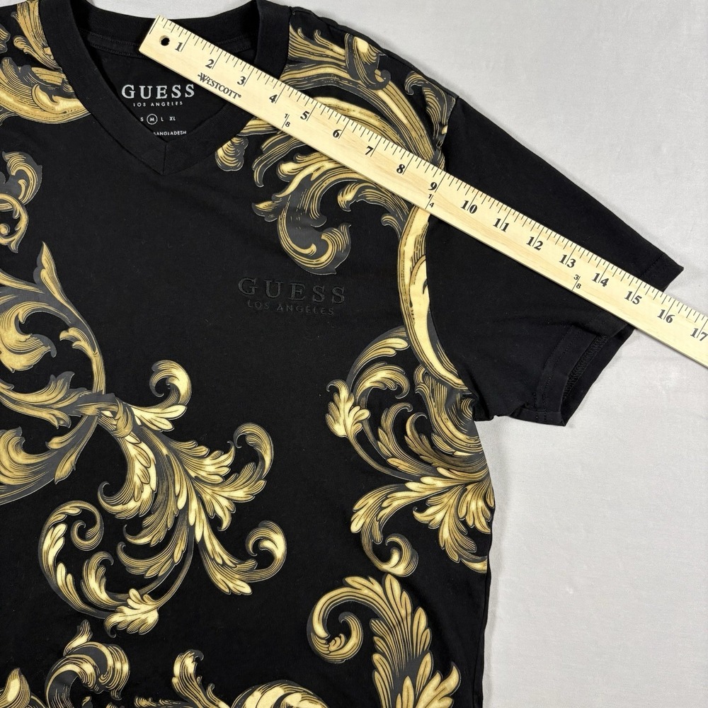 Guess Los Angeles Baroque Print V Neck T Shirt Mens M Black Gold Scroll Graphic - Picture 8 of 9